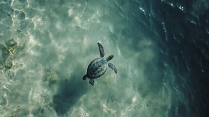 Obraz premium Sea turtle swimming in clear, shallow water.