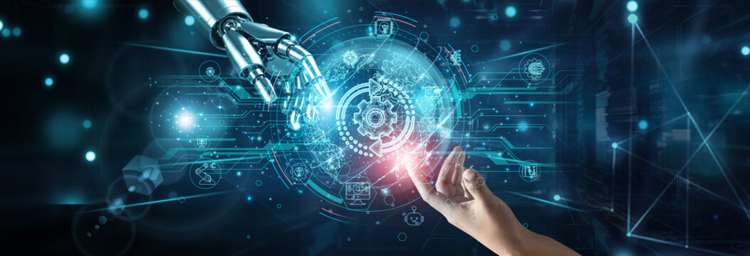 Hands of robot and human touching on digital transformation, network connection background, innovation strategy automation data cloud restructuring systems agility optimization change. - Powered by Adobe
