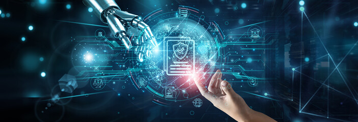 Hands of robot and human touching on policy compliance, network connection background, governance rules standards automation implementation framework access control documentation.