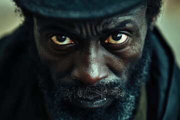 Portrait of a Black beggar man with intense eyes captured on a street in a busy urban setting during the late afternoon