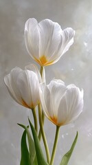 Naklejka premium Close Up Of Three White Tulips With Water Droplets