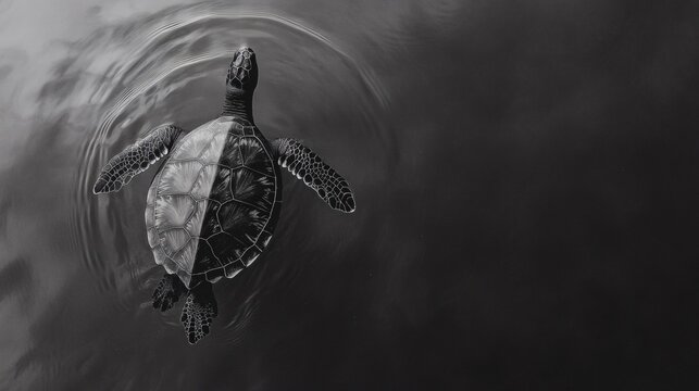 A sea turtle floats on dark water.