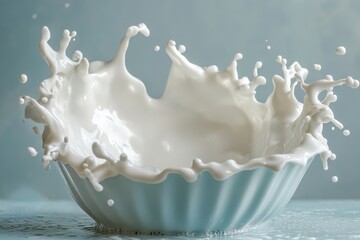 Splash of milk in a blue bowl creating a dynamic burst on a soft blue background in a serene kitchen setting
