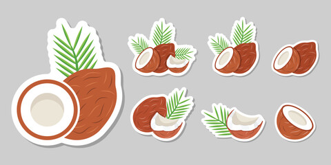 Coconut sticker icon set collection in flat style. Healthy food vector illustration on isolated background. Coco plant sign business concept.