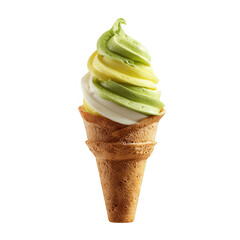 A swirl soft-serve ice cream cone with pale yellow and light green layers in a waffle cone