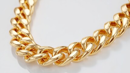 Obraz premium A close-up of a thick, shiny gold chain with interlocking links, displayed on a white surface.
