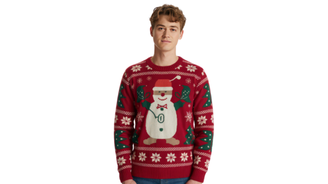 Young Man Wearing a Festive Christmas Snowman Jumper