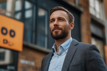 Inspiration in business as a man confidently stands outside an urban building, showcasing professionalism and determination in a corporate environment focused on rapid response activities