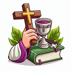 Stylized hand holds a cross and chalice, placed on a book, with religious imagery.