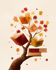 Open books with leather and floral covers on tree branch against white backdrop, scattered maple leaves in warm autumn tones for educational reels and digital content creation.

