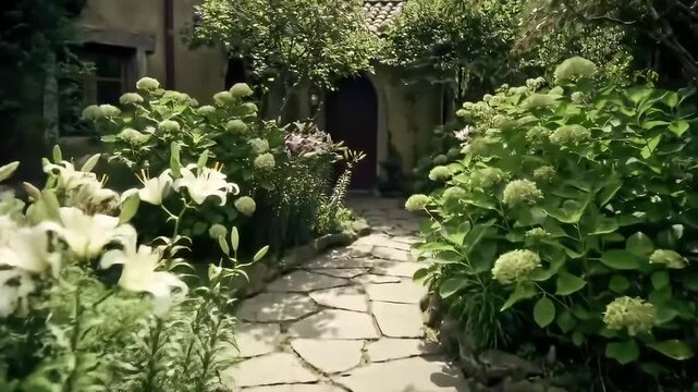 A sun-drenched garden path lined with lush greenery and white lilies.  Stone pathway meanders through a bed of foliage, including ferns and hydrangeas