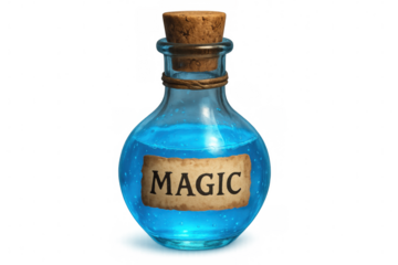 Magic potion in a glass bottle with cork lid and transparent background, creating a mystical and enchanting atmosphere