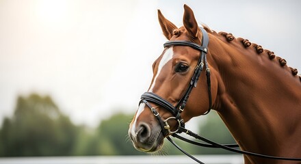 Horse Head Profile in Nature with Bridle and Braided Mane