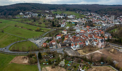 Aerial view of the city Bad Soden in Germany, Hesse on a sunny early spring day.
