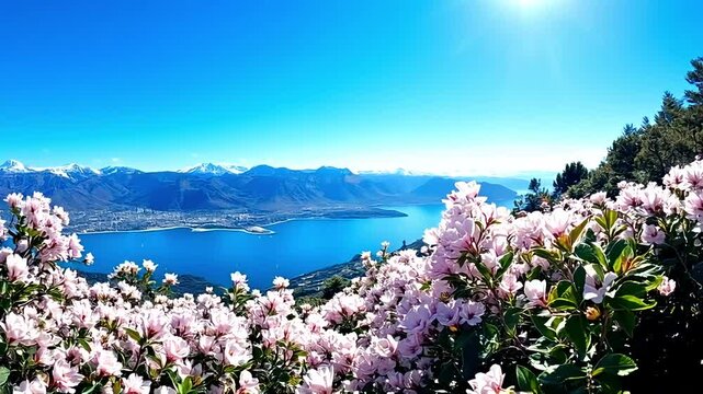 Mountain landscape with colorful flowers and blue sky view, A panoramic shot of a coastal mountain range with clear blue skies.pening to reveal delicate petals, high-quality cinematic horizontal video
