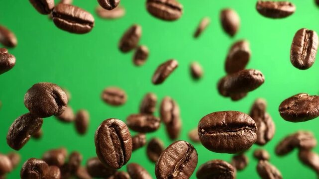 Floating Coffee Bean Moment:  A vibrant, high-angle shot captures the rich aroma and inviting texture of coffee beans frozen mid-air against a vivid green backdrop. A sensory feast, a pause.