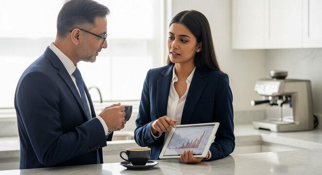 Business Colleagues Analyzing Data on Tablet in Modern Office Kitchen