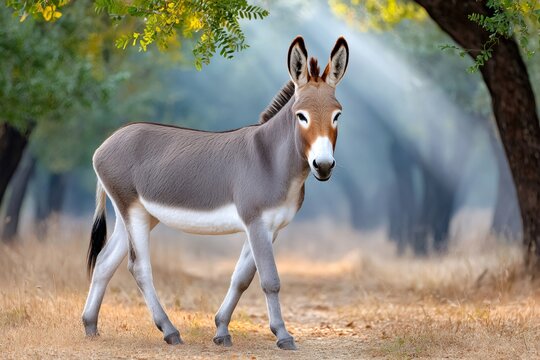Indian wild ass walking in the forest during a foggy morning