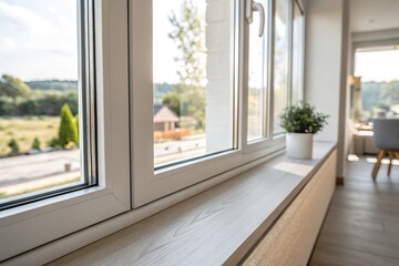 A window with a view of a forest and a chair outside