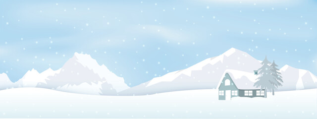 Winter season with cottage, mountain range background. Nature Landscape illustration
