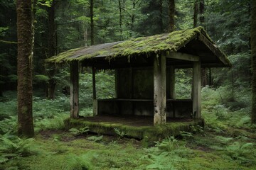 Abandoned picnic area covered by moss in the forest
