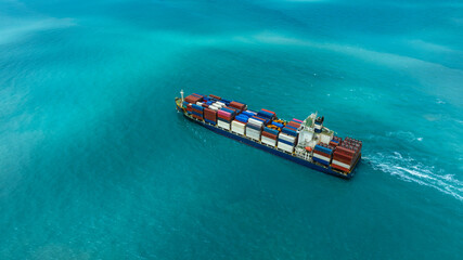 Aerial view of the freight shipping transport system cargo ship container. international...