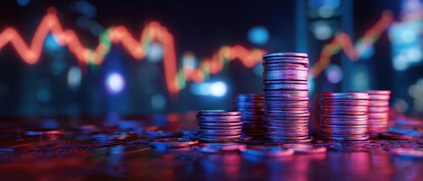 The vibrant stack of coins reflecting financial market growth and trends.