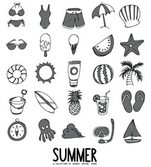 Summer Related Doodle vector icon set. Drawing sketch illustration hand drawn line eps10
