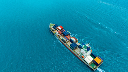 Aerial view of the freight shipping transport system cargo ship container. international...