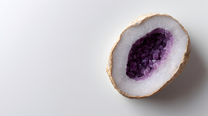 Polished amethyst geode revealing deep purple crystals nestling inside white quartz matrix, presenting vivid color contrast on pristine light background
