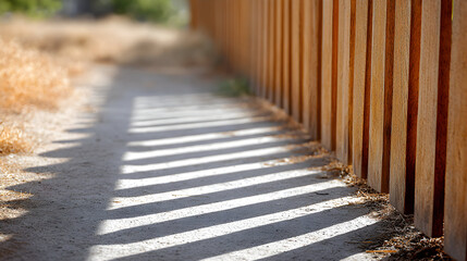 Pathway with wooden fence casting shadows on ground, showcasing interplay of light and texture, creating a serene outdoor atmosphere with natural elements