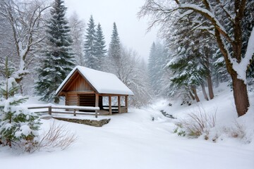 Wooden hut covered by snow in a forest during winter