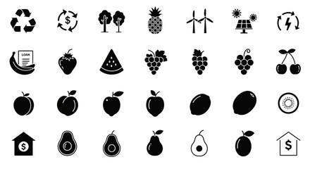 A set of eco-friendly and organic farming icons featuring various fruits and green energy