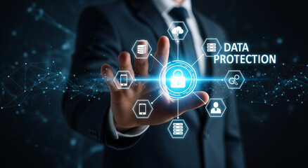 Business professional interacting with a glowing padlock icon surrounded by data protection and cybersecurity symbols, ideal for themes of privacy, network security, and digital safety.