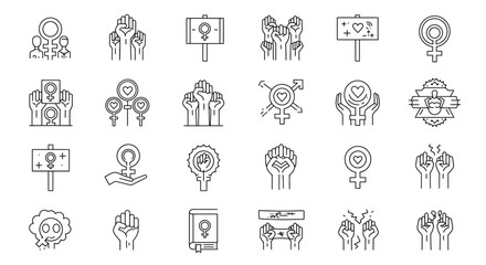 Collection of linear icons representing the feminist movement and female empowerment