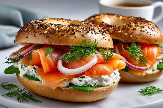 Delicious bagels with cream cheese, smoked salmon, red onion and dill enjoying a cup of coffee