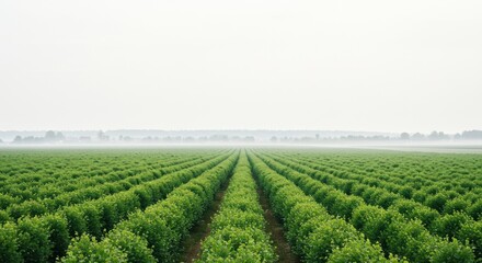 Misty farmland rows of lush plants