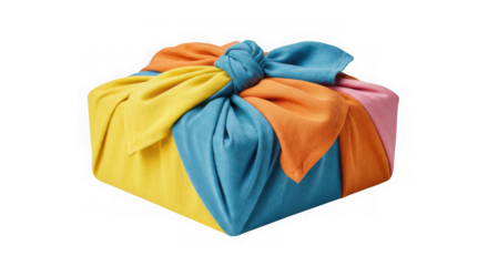 A colorful fabric wrapped gift with a large bow  isolated on transparent background