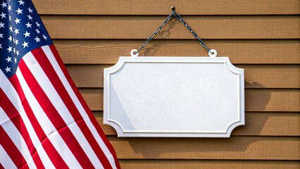 Blank signboard hanging on wooden wall with american flag for patriotic message

