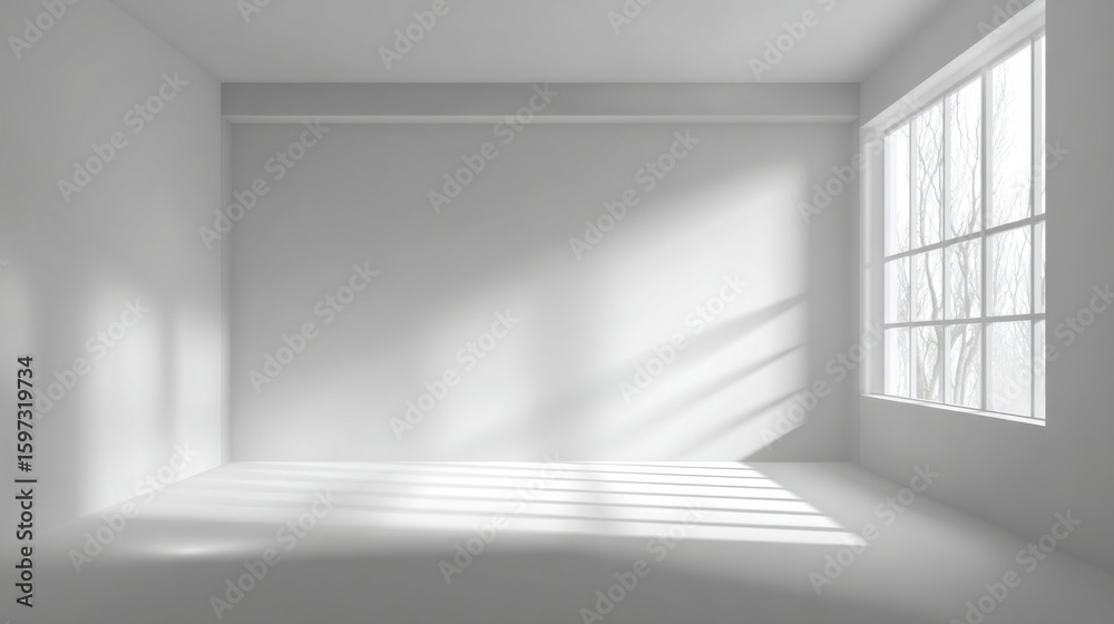 Poster a bright room features plain white walls and ample space. sunlight streams through a large window, c