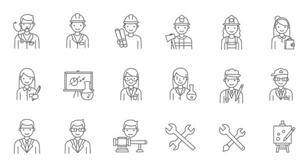 Diverse profession icons in minimal line style showcasing various career paths and jobs