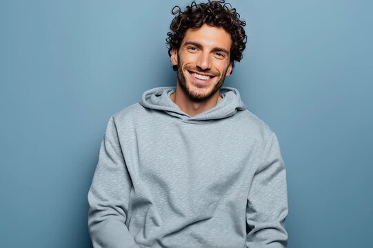 Man with curly hair and medium skin smiles in a grey hoodie with arms crossed against a blue backdrop