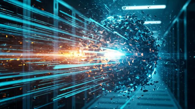 Server room sphere disintegration data stream