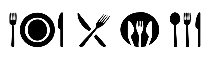 Fork, knife, plate and spoon. Menu symbol. Restaurant icon. Food, plate, fork, knife, spoon, cutlery icon set. Vector