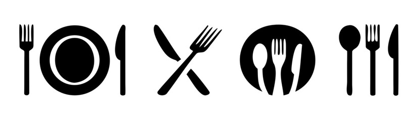 Fork, knife, plate and spoon. Menu symbol. Restaurant icon. Food, plate, fork, knife, spoon, cutlery icon set. Vector