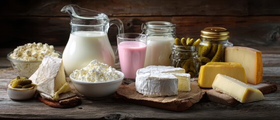 The delightful assortment of dairy products and pickles on a rustic wooden table.