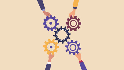 Hands connecting gears of different colors symbolizing teamwork and collaboration in a beige setting