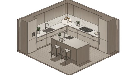 Modern corner kitchen design illustration
