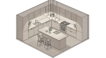 Modern corner kitchen design illustration