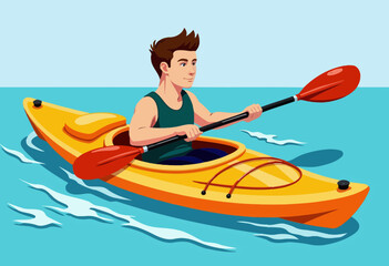 Young man kayaking on bright blue water in a yellow kayak  